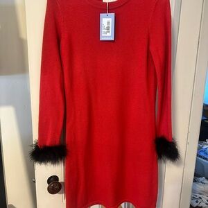 Sail to Sable Red Sweater Dress with Black Fur Cuffs